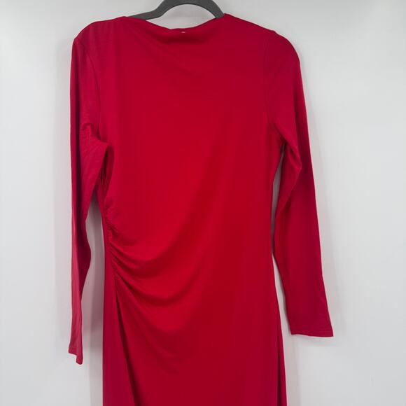 Nordstrom Red Side Ruched Long Sleeve Midi Dress Rib Knit Crew Neck Small - Picture 2 of 13